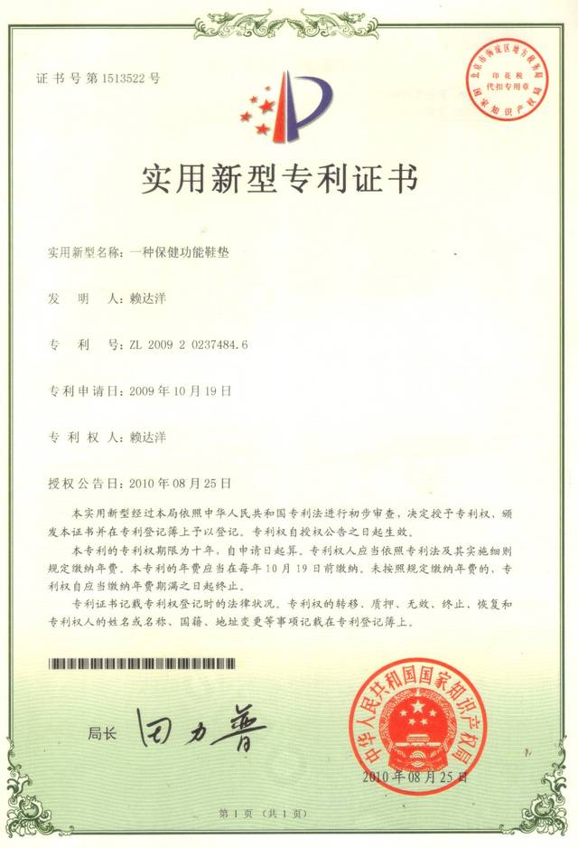 一种保健功能鞋垫 专利证书（期限已届满）