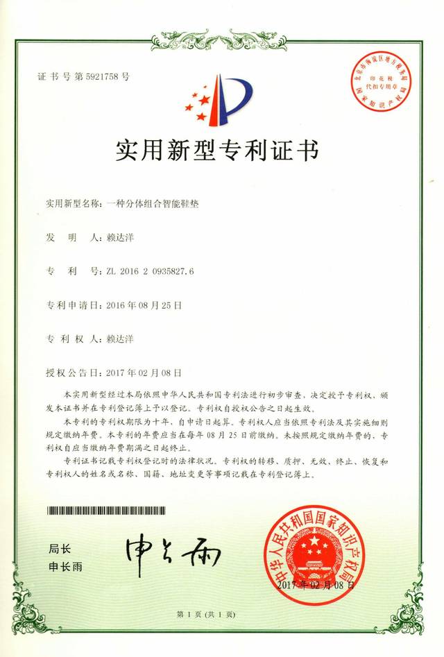 一种分体组合智能鞋垫 专利证书（期限已届满）